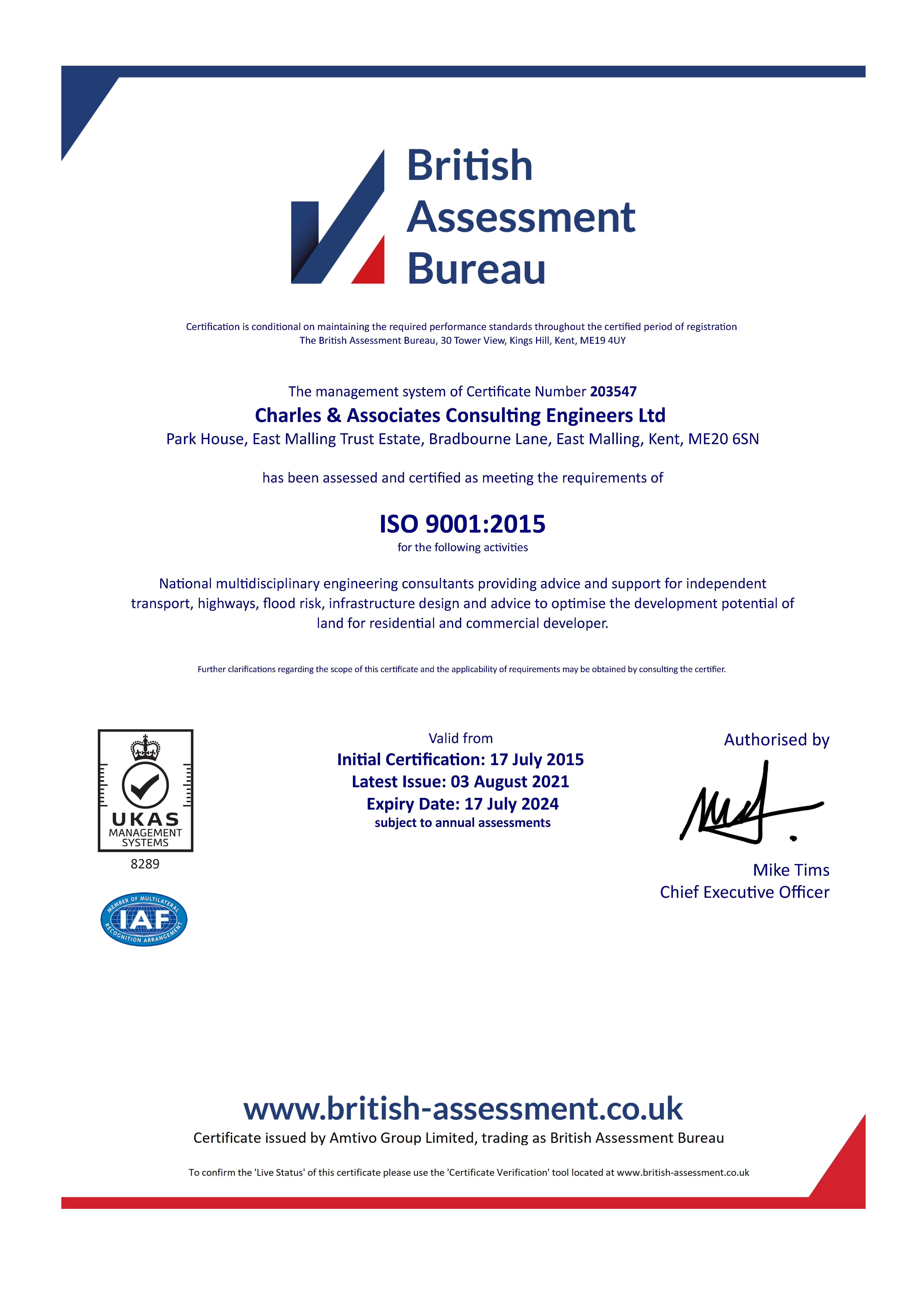 British Assessment Bureau Certificate 2021 Page 1